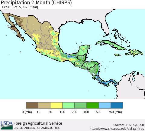 Mexico Central America and the Caribbean Precipitation 2-Month (CHIRPS) Thematic Map For 10/6/2021 - 12/5/2021