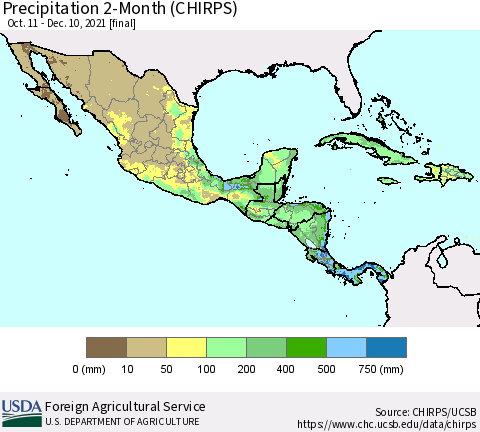 Mexico Central America and the Caribbean Precipitation 2-Month (CHIRPS) Thematic Map For 10/11/2021 - 12/10/2021