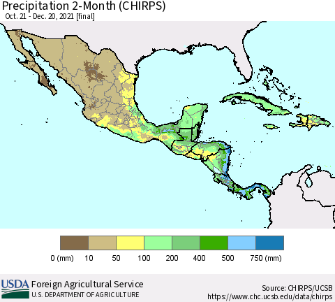 Mexico Central America and the Caribbean Precipitation 2-Month (CHIRPS) Thematic Map For 10/21/2021 - 12/20/2021