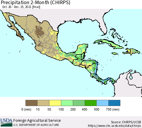 Mexico Central America and the Caribbean Precipitation 2-Month (CHIRPS) Thematic Map For 10/26/2021 - 12/25/2021