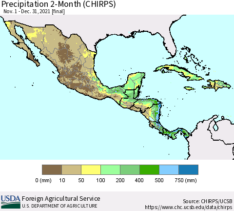 Mexico Central America and the Caribbean Precipitation 2-Month (CHIRPS) Thematic Map For 11/1/2021 - 12/31/2021