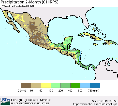 Mexico Central America and the Caribbean Precipitation 2-Month (CHIRPS) Thematic Map For 11/16/2021 - 1/15/2022