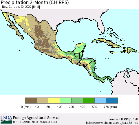Mexico Central America and the Caribbean Precipitation 2-Month (CHIRPS) Thematic Map For 11/21/2021 - 1/20/2022