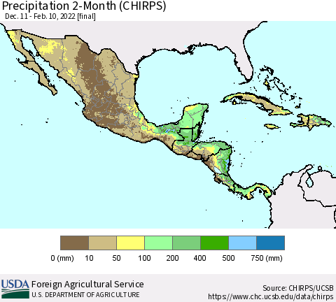 Mexico Central America and the Caribbean Precipitation 2-Month (CHIRPS) Thematic Map For 12/11/2021 - 2/10/2022