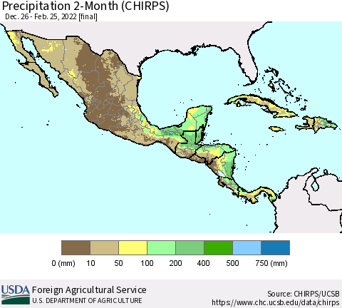 Mexico Central America and the Caribbean Precipitation 2-Month (CHIRPS) Thematic Map For 12/26/2021 - 2/25/2022