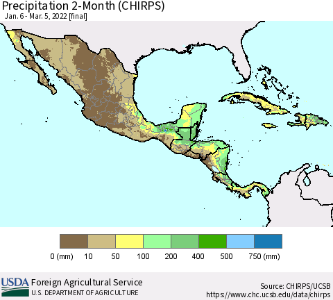 Mexico Central America and the Caribbean Precipitation 2-Month (CHIRPS) Thematic Map For 1/6/2022 - 3/5/2022