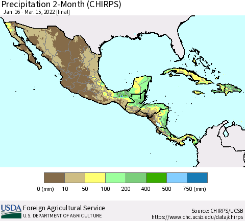 Mexico Central America and the Caribbean Precipitation 2-Month (CHIRPS) Thematic Map For 1/16/2022 - 3/15/2022