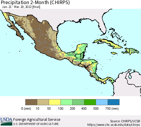 Mexico Central America and the Caribbean Precipitation 2-Month (CHIRPS) Thematic Map For 1/21/2022 - 3/20/2022