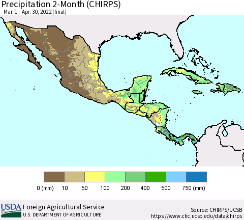 Mexico Central America and the Caribbean Precipitation 2-Month (CHIRPS) Thematic Map For 3/1/2022 - 4/30/2022