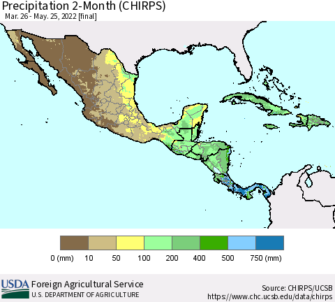 Mexico Central America and the Caribbean Precipitation 2-Month (CHIRPS) Thematic Map For 3/26/2022 - 5/25/2022