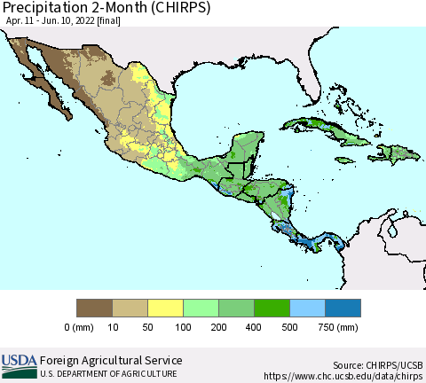 Mexico Central America and the Caribbean Precipitation 2-Month (CHIRPS) Thematic Map For 4/11/2022 - 6/10/2022