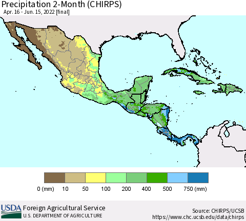 Mexico Central America and the Caribbean Precipitation 2-Month (CHIRPS) Thematic Map For 4/16/2022 - 6/15/2022