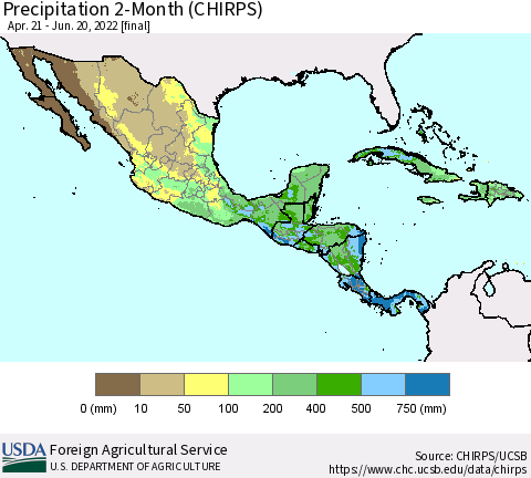 Mexico Central America and the Caribbean Precipitation 2-Month (CHIRPS) Thematic Map For 4/21/2022 - 6/20/2022