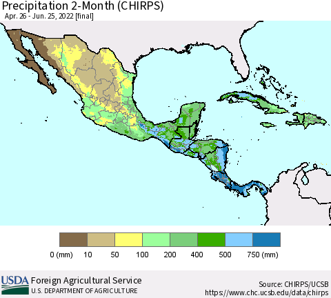 Mexico Central America and the Caribbean Precipitation 2-Month (CHIRPS) Thematic Map For 4/26/2022 - 6/25/2022