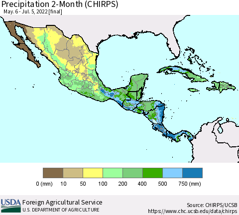 Mexico Central America and the Caribbean Precipitation 2-Month (CHIRPS) Thematic Map For 5/6/2022 - 7/5/2022