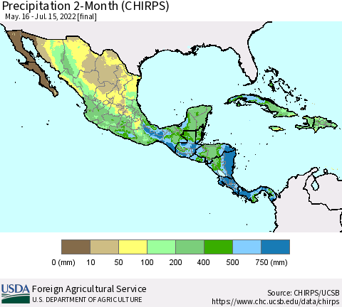 Mexico Central America and the Caribbean Precipitation 2-Month (CHIRPS) Thematic Map For 5/16/2022 - 7/15/2022