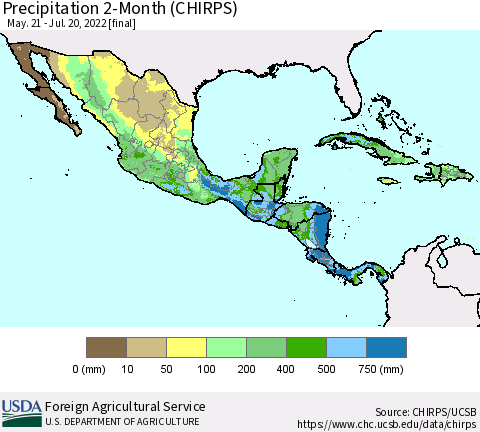 Mexico Central America and the Caribbean Precipitation 2-Month (CHIRPS) Thematic Map For 5/21/2022 - 7/20/2022