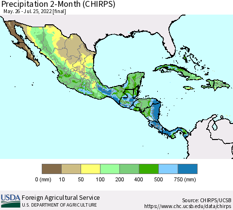 Mexico Central America and the Caribbean Precipitation 2-Month (CHIRPS) Thematic Map For 5/26/2022 - 7/25/2022