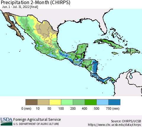 Mexico Central America and the Caribbean Precipitation 2-Month (CHIRPS) Thematic Map For 6/1/2022 - 7/31/2022