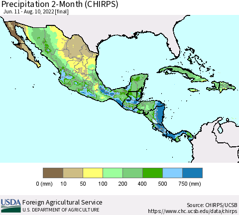 Mexico Central America and the Caribbean Precipitation 2-Month (CHIRPS) Thematic Map For 6/11/2022 - 8/10/2022