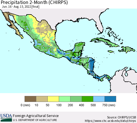 Mexico Central America and the Caribbean Precipitation 2-Month (CHIRPS) Thematic Map For 6/16/2022 - 8/15/2022