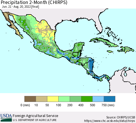 Mexico Central America and the Caribbean Precipitation 2-Month (CHIRPS) Thematic Map For 6/21/2022 - 8/20/2022