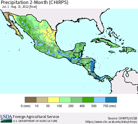 Mexico Central America and the Caribbean Precipitation 2-Month (CHIRPS) Thematic Map For 7/1/2022 - 8/31/2022