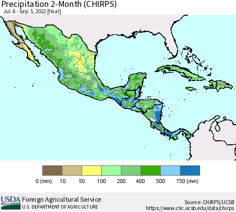 Mexico Central America and the Caribbean Precipitation 2-Month (CHIRPS) Thematic Map For 7/6/2022 - 9/5/2022
