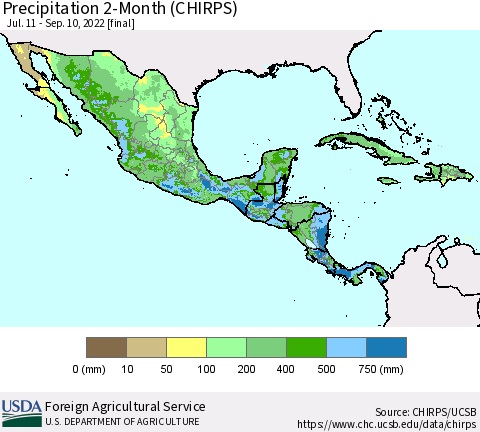 Mexico Central America and the Caribbean Precipitation 2-Month (CHIRPS) Thematic Map For 7/11/2022 - 9/10/2022