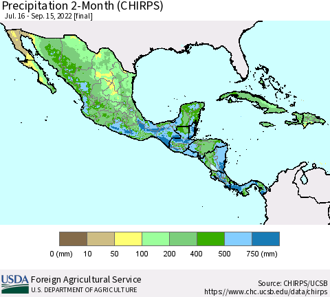 Mexico Central America and the Caribbean Precipitation 2-Month (CHIRPS) Thematic Map For 7/16/2022 - 9/15/2022