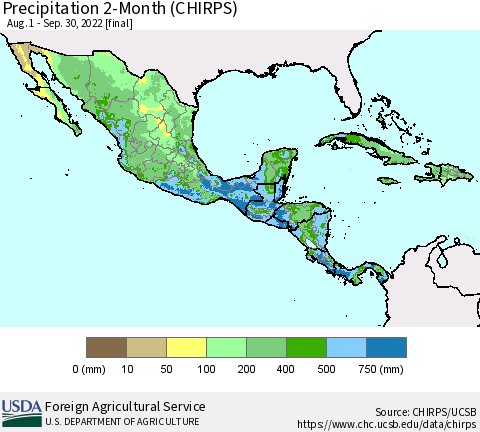 Mexico Central America and the Caribbean Precipitation 2-Month (CHIRPS) Thematic Map For 8/1/2022 - 9/30/2022