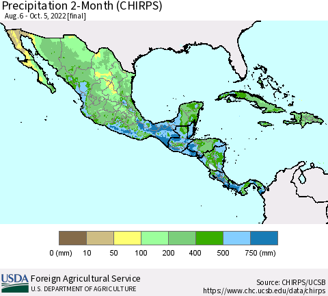 Mexico Central America and the Caribbean Precipitation 2-Month (CHIRPS) Thematic Map For 8/6/2022 - 10/5/2022