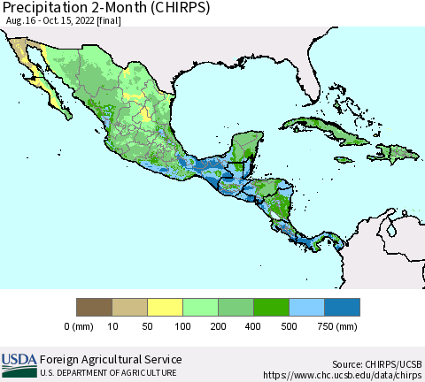 Mexico Central America and the Caribbean Precipitation 2-Month (CHIRPS) Thematic Map For 8/16/2022 - 10/15/2022