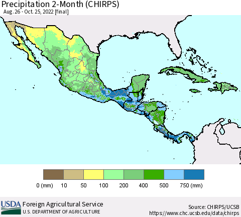 Mexico Central America and the Caribbean Precipitation 2-Month (CHIRPS) Thematic Map For 8/26/2022 - 10/25/2022