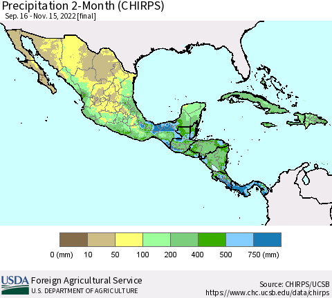 Mexico Central America and the Caribbean Precipitation 2-Month (CHIRPS) Thematic Map For 9/16/2022 - 11/15/2022
