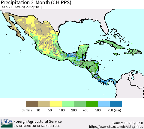 Mexico Central America and the Caribbean Precipitation 2-Month (CHIRPS) Thematic Map For 9/21/2022 - 11/20/2022