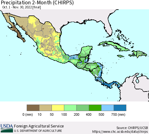 Mexico Central America and the Caribbean Precipitation 2-Month (CHIRPS) Thematic Map For 10/1/2022 - 11/30/2022