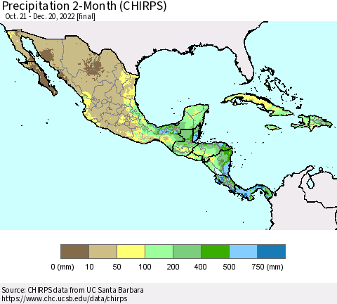 Mexico Central America and the Caribbean Precipitation 2-Month (CHIRPS) Thematic Map For 10/21/2022 - 12/20/2022