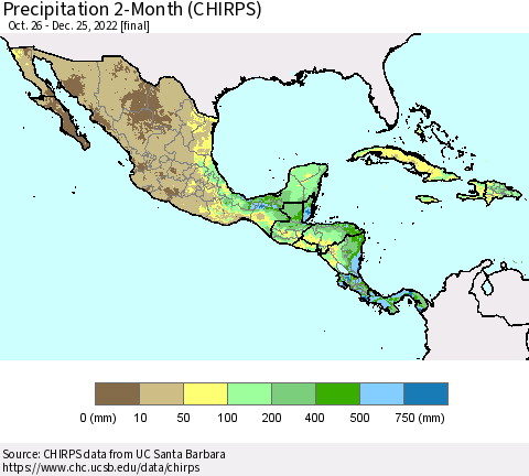 Mexico Central America and the Caribbean Precipitation 2-Month (CHIRPS) Thematic Map For 10/26/2022 - 12/25/2022