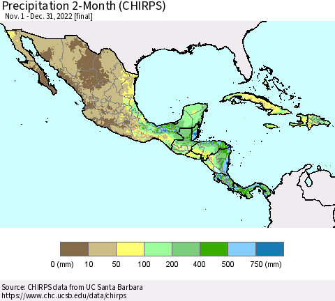Mexico Central America and the Caribbean Precipitation 2-Month (CHIRPS) Thematic Map For 11/1/2022 - 12/31/2022