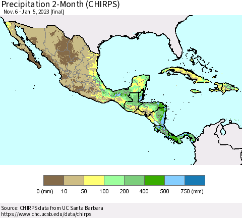 Mexico Central America and the Caribbean Precipitation 2-Month (CHIRPS) Thematic Map For 11/6/2022 - 1/5/2023