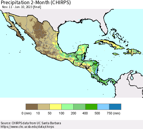 Mexico Central America and the Caribbean Precipitation 2-Month (CHIRPS) Thematic Map For 11/11/2022 - 1/10/2023