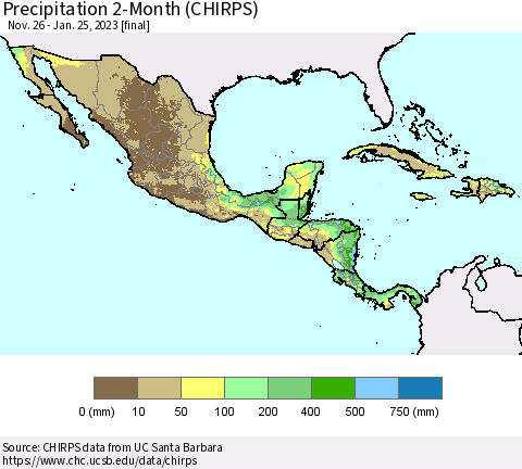 Mexico Central America and the Caribbean Precipitation 2-Month (CHIRPS) Thematic Map For 11/26/2022 - 1/25/2023