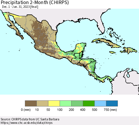 Mexico Central America and the Caribbean Precipitation 2-Month (CHIRPS) Thematic Map For 12/1/2022 - 1/31/2023