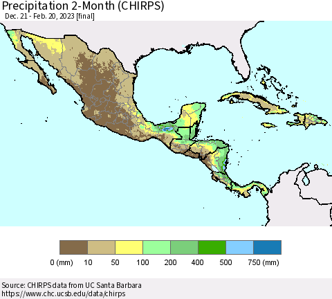 Mexico Central America and the Caribbean Precipitation 2-Month (CHIRPS) Thematic Map For 12/21/2022 - 2/20/2023