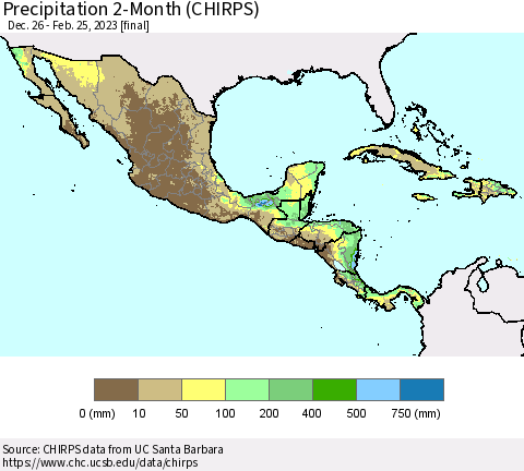 Mexico Central America and the Caribbean Precipitation 2-Month (CHIRPS) Thematic Map For 12/26/2022 - 2/25/2023