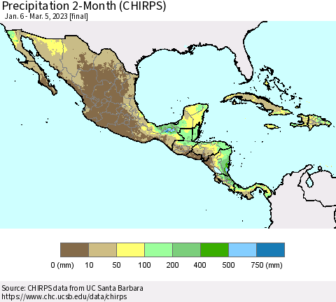 Mexico Central America and the Caribbean Precipitation 2-Month (CHIRPS) Thematic Map For 1/6/2023 - 3/5/2023