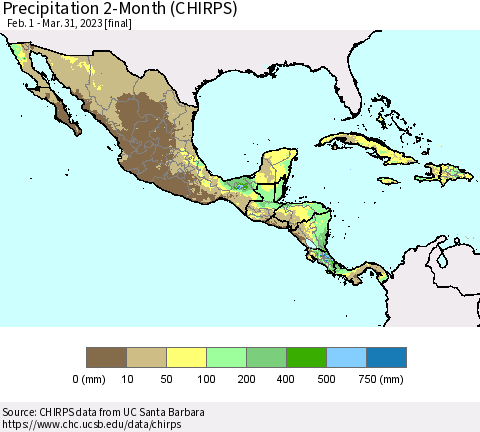 Mexico Central America and the Caribbean Precipitation 2-Month (CHIRPS) Thematic Map For 2/1/2023 - 3/31/2023