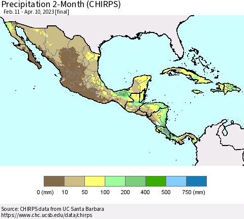 Mexico Central America and the Caribbean Precipitation 2-Month (CHIRPS) Thematic Map For 2/11/2023 - 4/10/2023