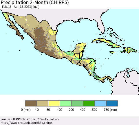 Mexico Central America and the Caribbean Precipitation 2-Month (CHIRPS) Thematic Map For 2/16/2023 - 4/15/2023